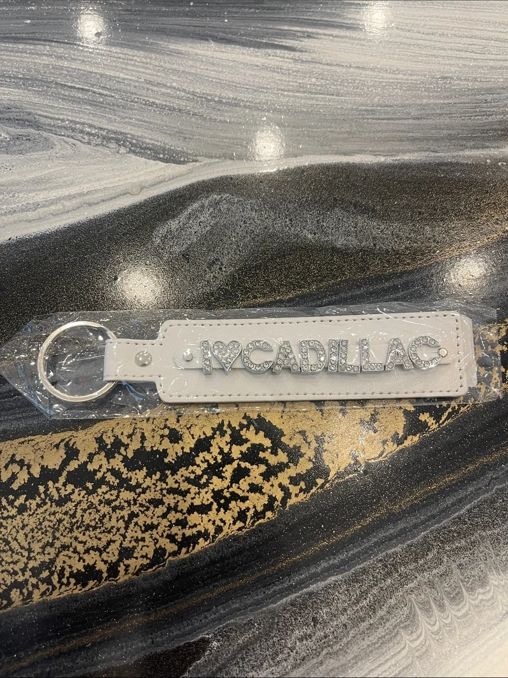 I ❤️ Cadillac White Leather Keychain with Crystal Letters